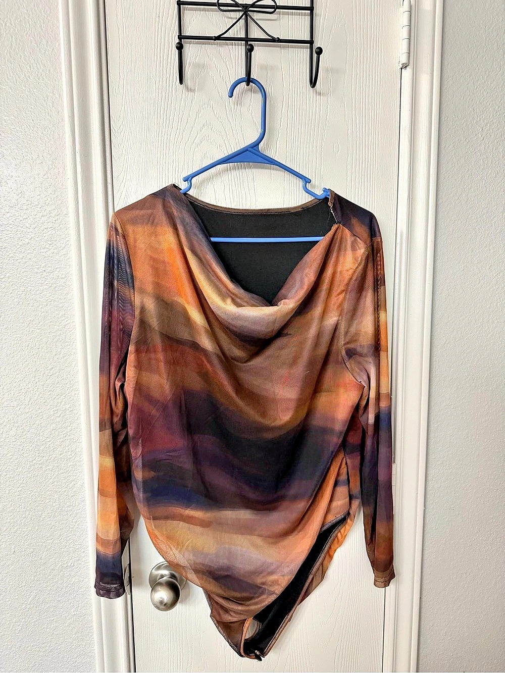 Abstract Cowl Neck Bodysuit in Brown & Purple Like New